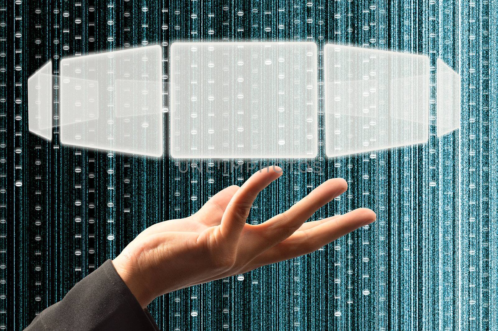 hand hold a touch screen interface with digital matrix background