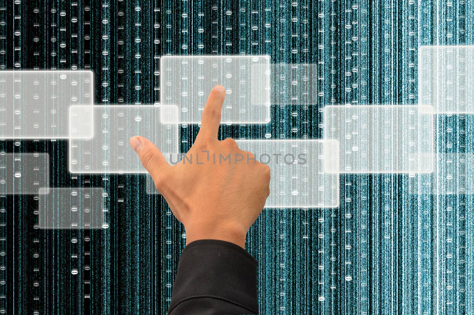 hand pushing a button on a touch screen interface with digital matrix background