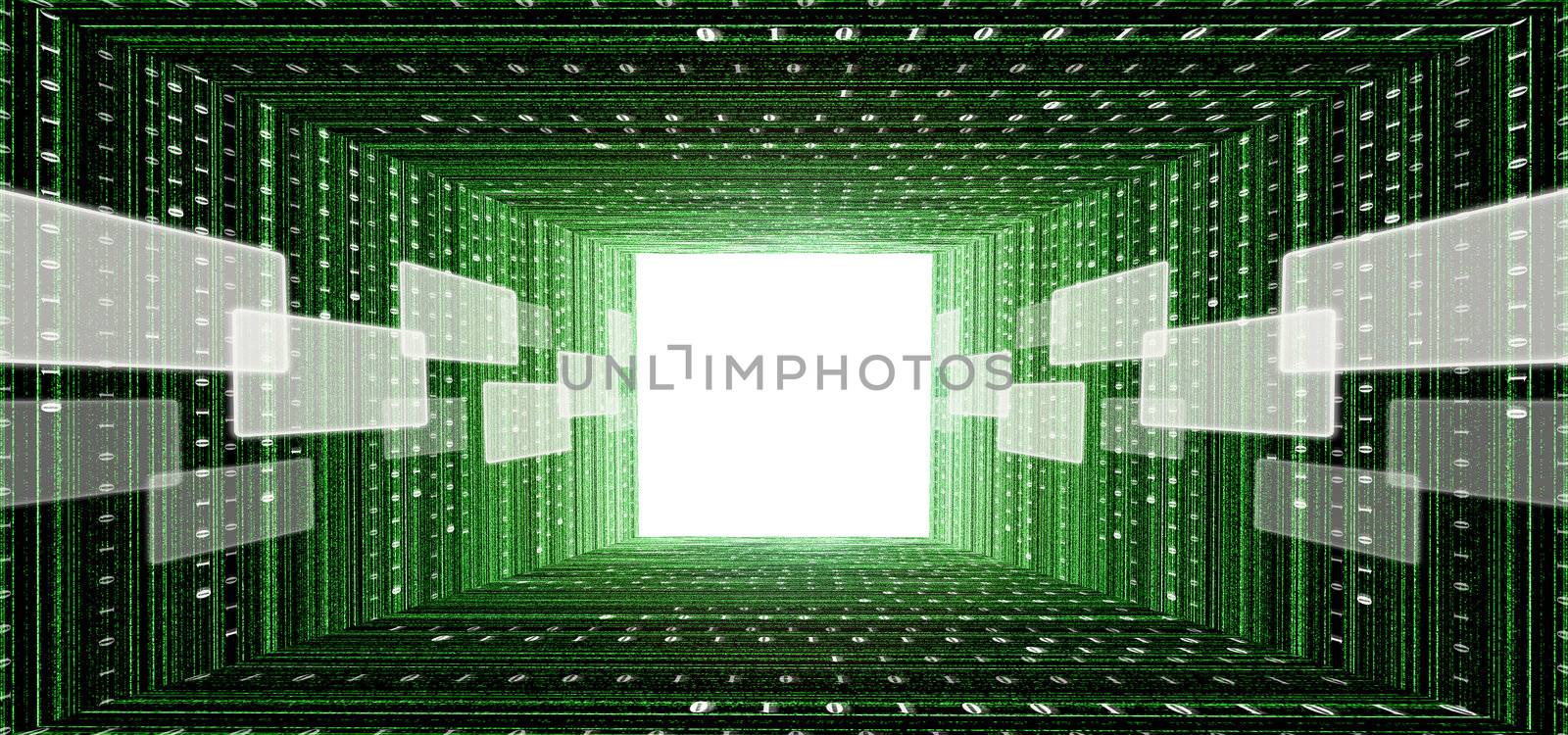 green matrix tunnel with touch screen interface and light at the end