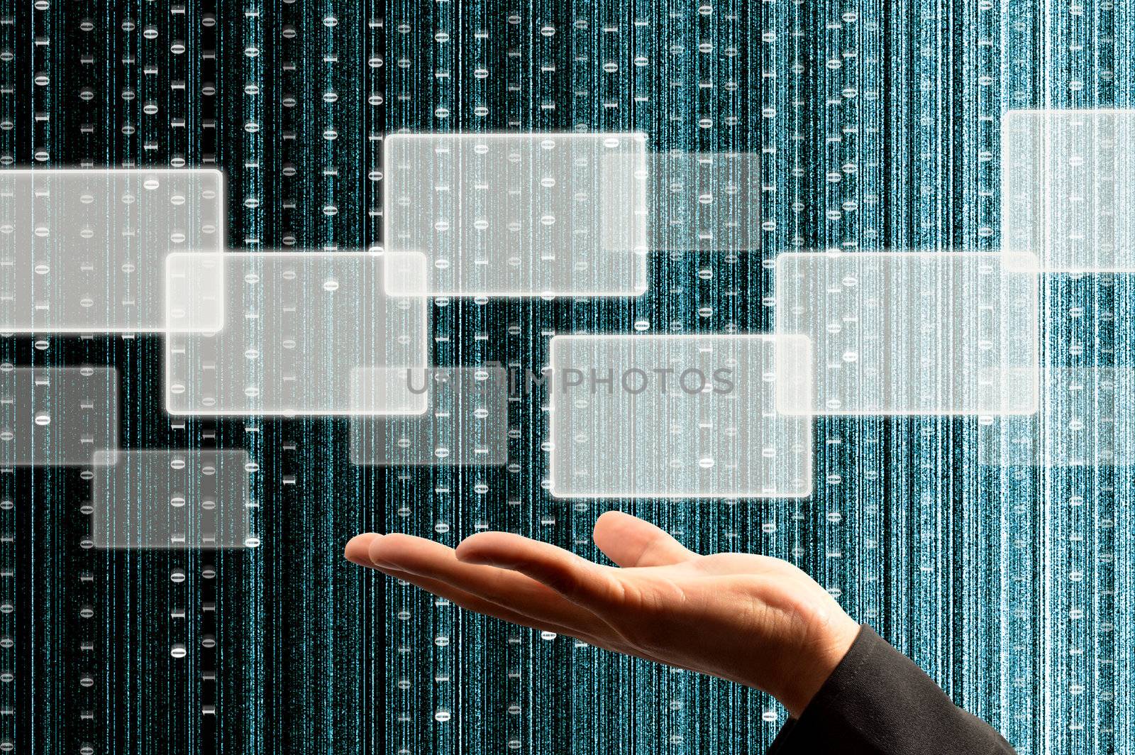 hand hold a touch screen interface with digital matrix background