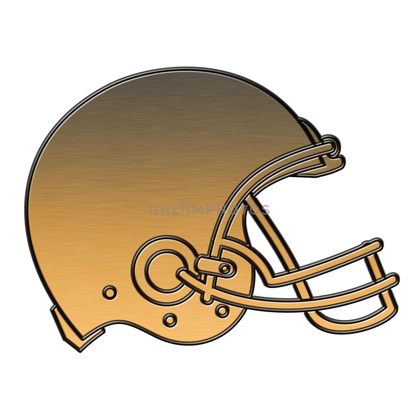 illustration of a golden american football helmet viewed from side done in metallic gold style on isolated white background.