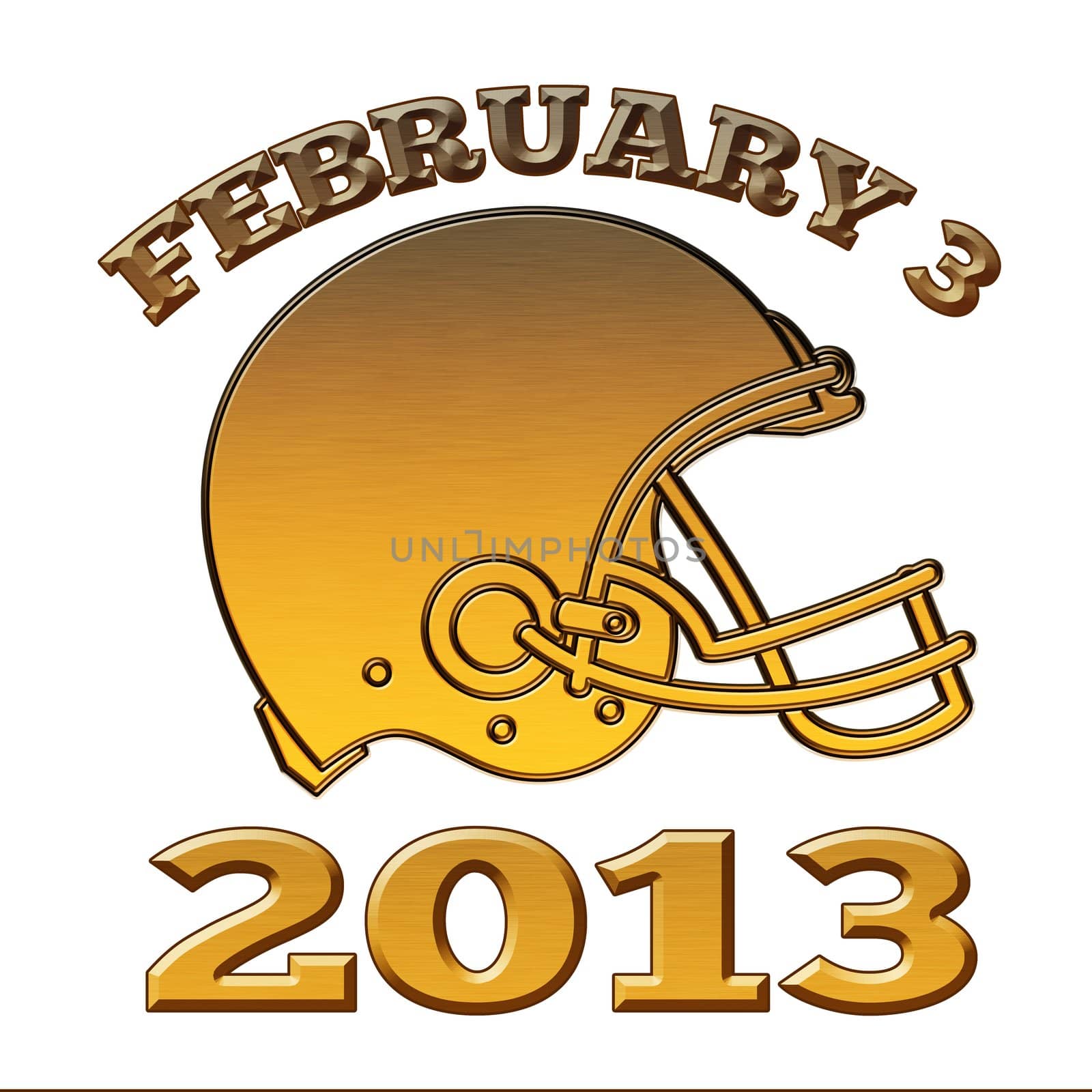 illustration of a golden american football helmet viewed from side done in metallic gold style on isolated white background with words February 3, 2013