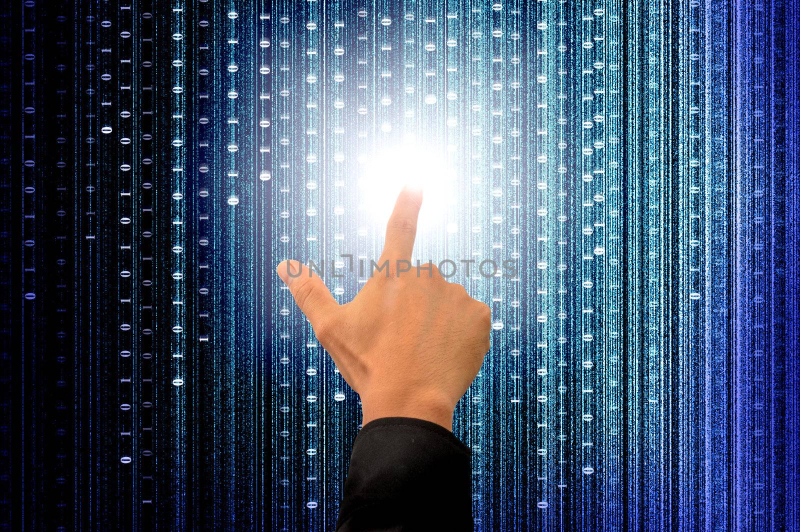 hand pushing a button on a touch screen interface with digital matrix background
