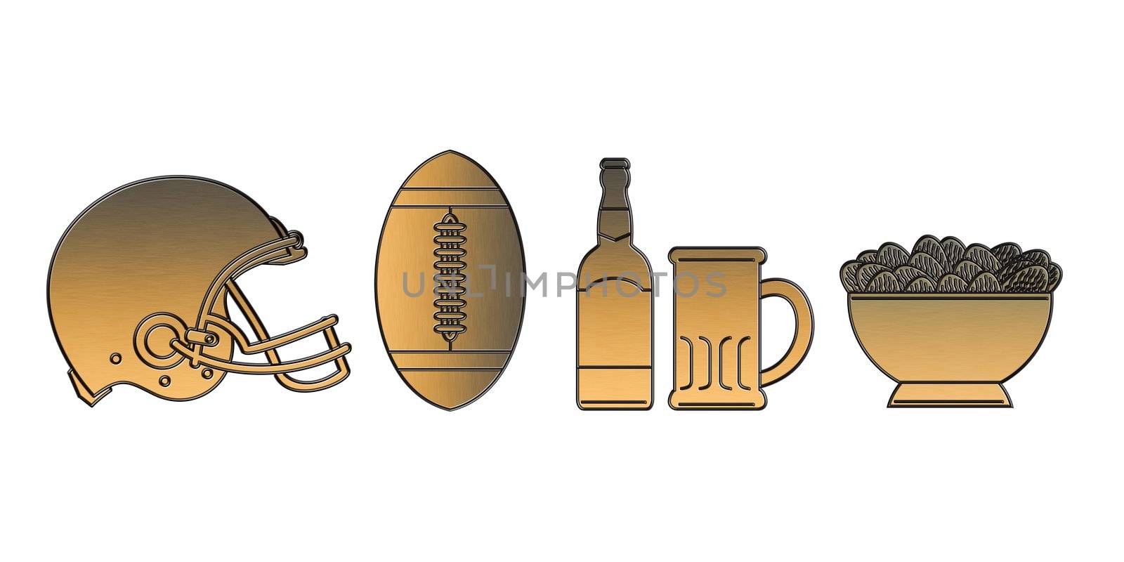 illustration of a golden american football helmet.ball,beer bottle,glass mug and potato chips bowl done in metallic gold style on isolated white background.