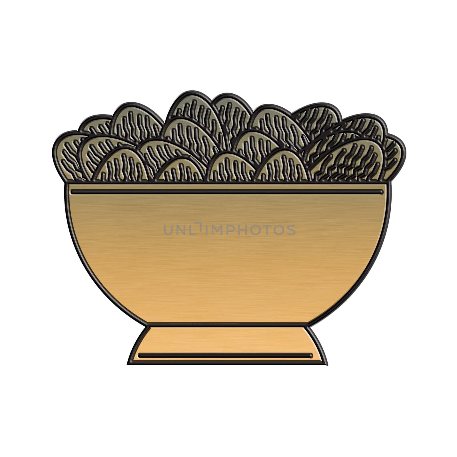 illustration of a golden potato chip bowl done in metallic gold style on isolated white background