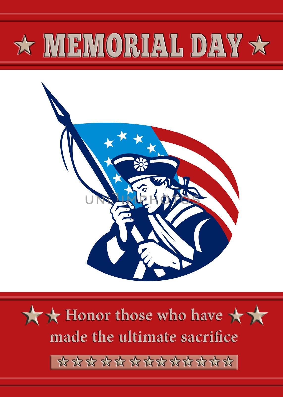 Poster greeting card Poster greeting card illustration of a patriot minuteman revolutionary soldier holding an American stars and stripes flag  and words veterans day honor those who protected us.