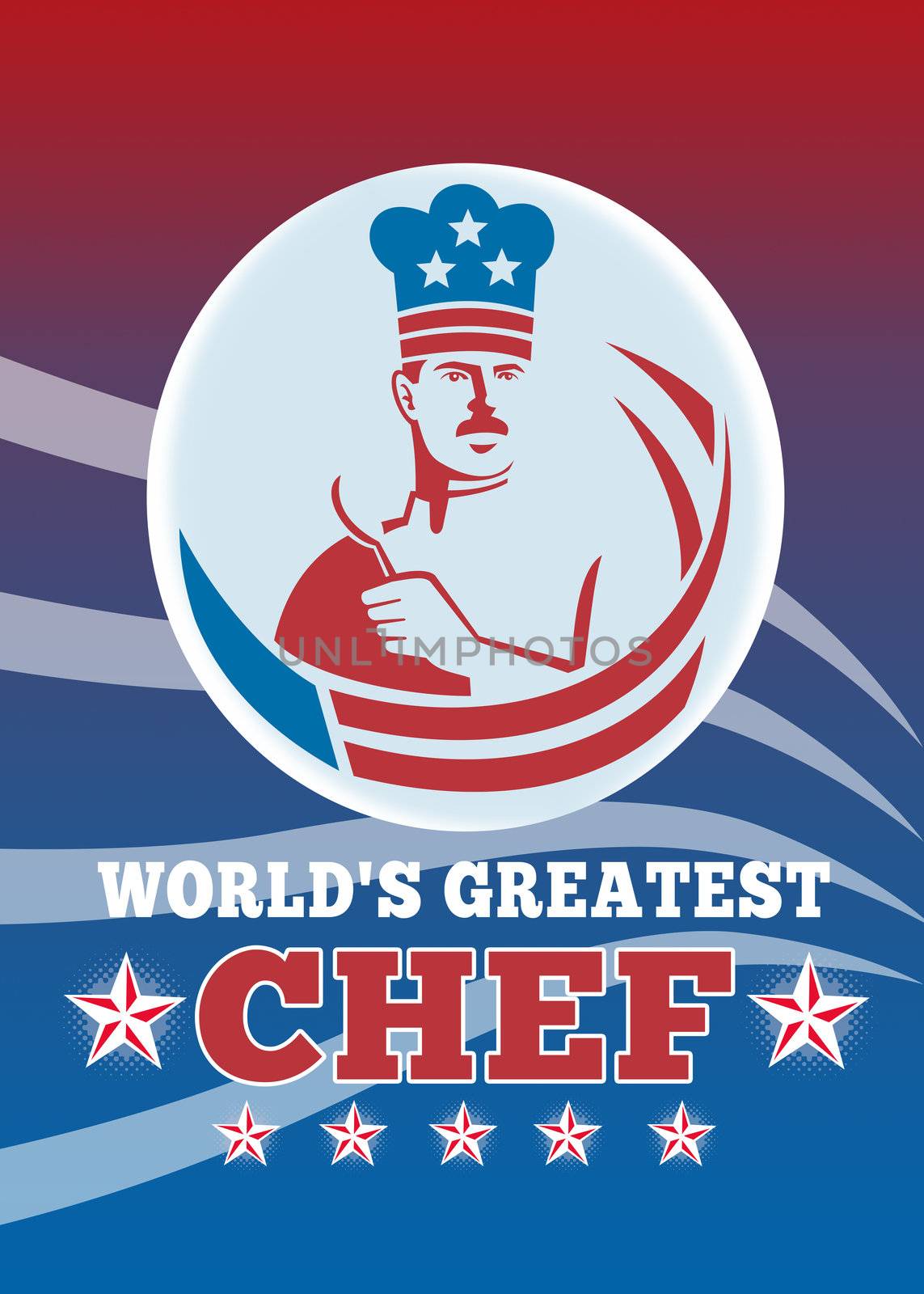 Greeting card poster illustration of an American chef baker cook holding spatula facing front with stars and stripes done in retro style with words world's best greatest chef.