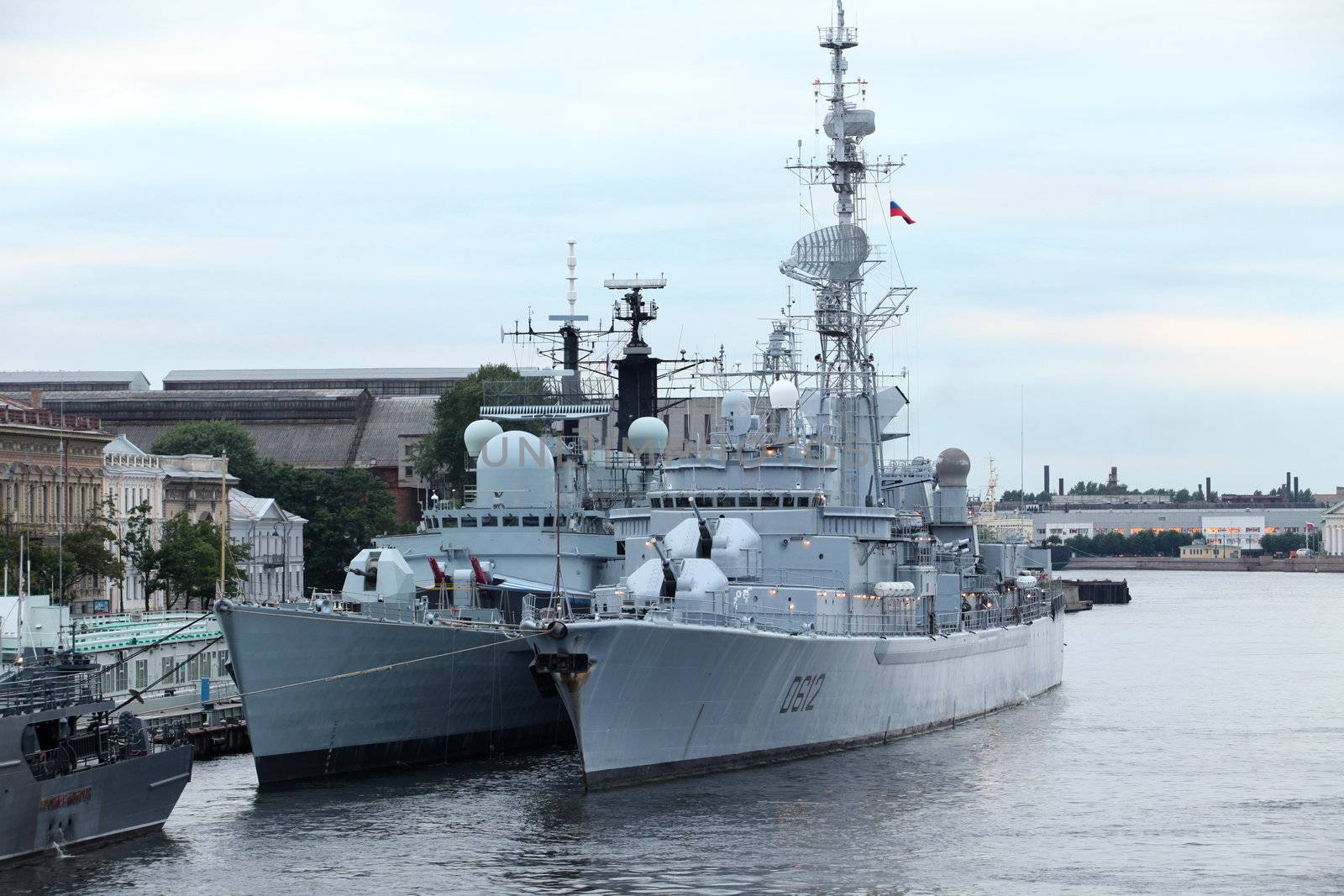Russian Navy frigate at anchor in St. Petersburg,  a front view