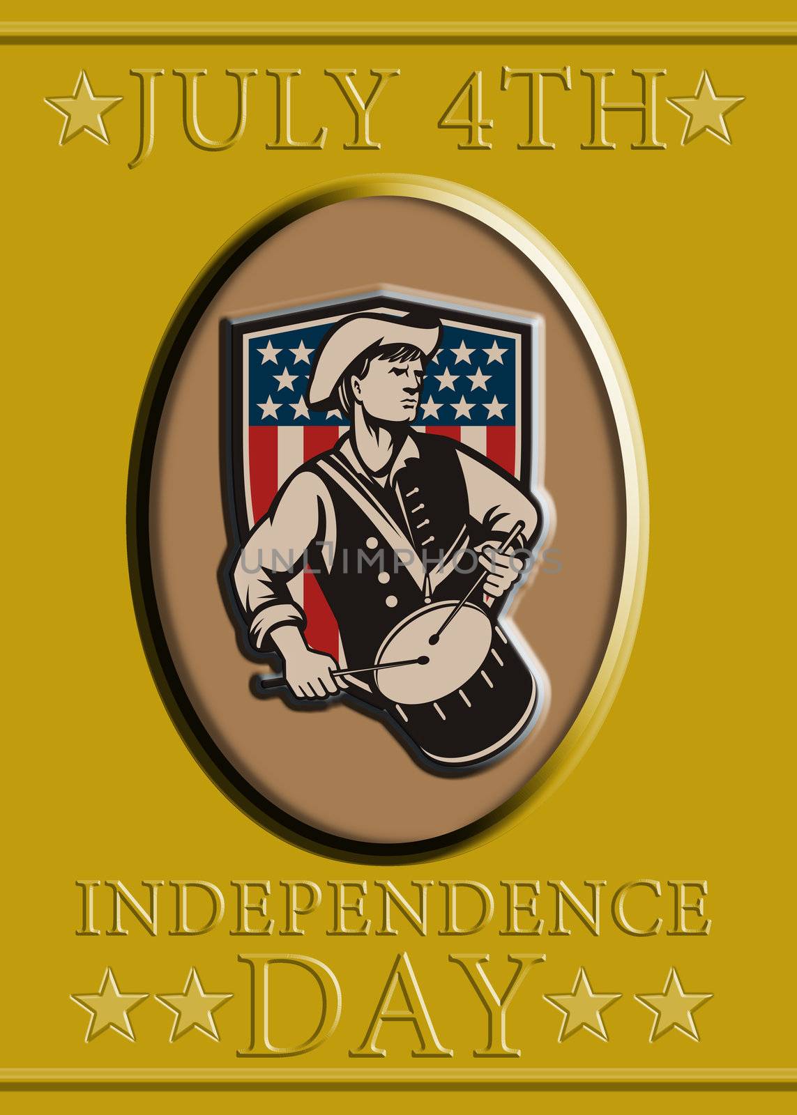 Poster greeting card illustration of a patriot minuteman revolutionary soldier drummer with drum with American stars and stripes flag shield and words july 4th independence day