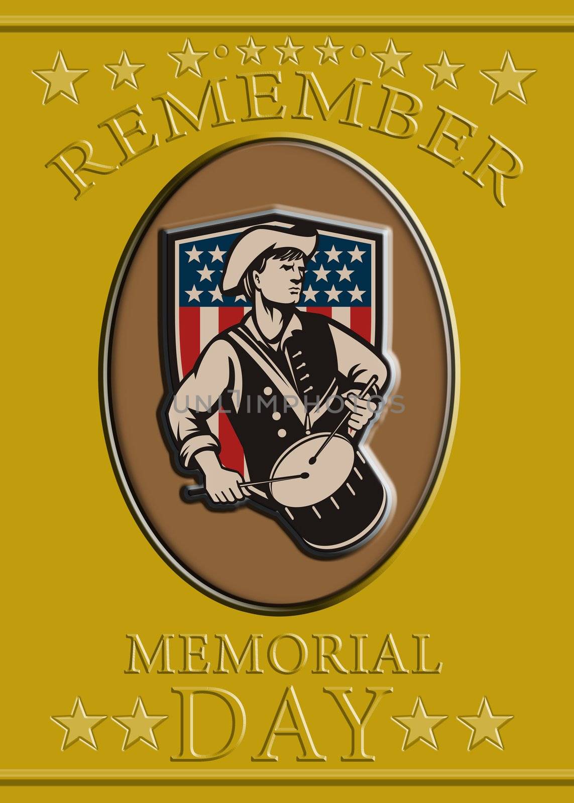 Poster greeting card illustration of a patriot minuteman revolutionary soldier drummer with drum with American stars and stripes flag shield and words remember memorial day