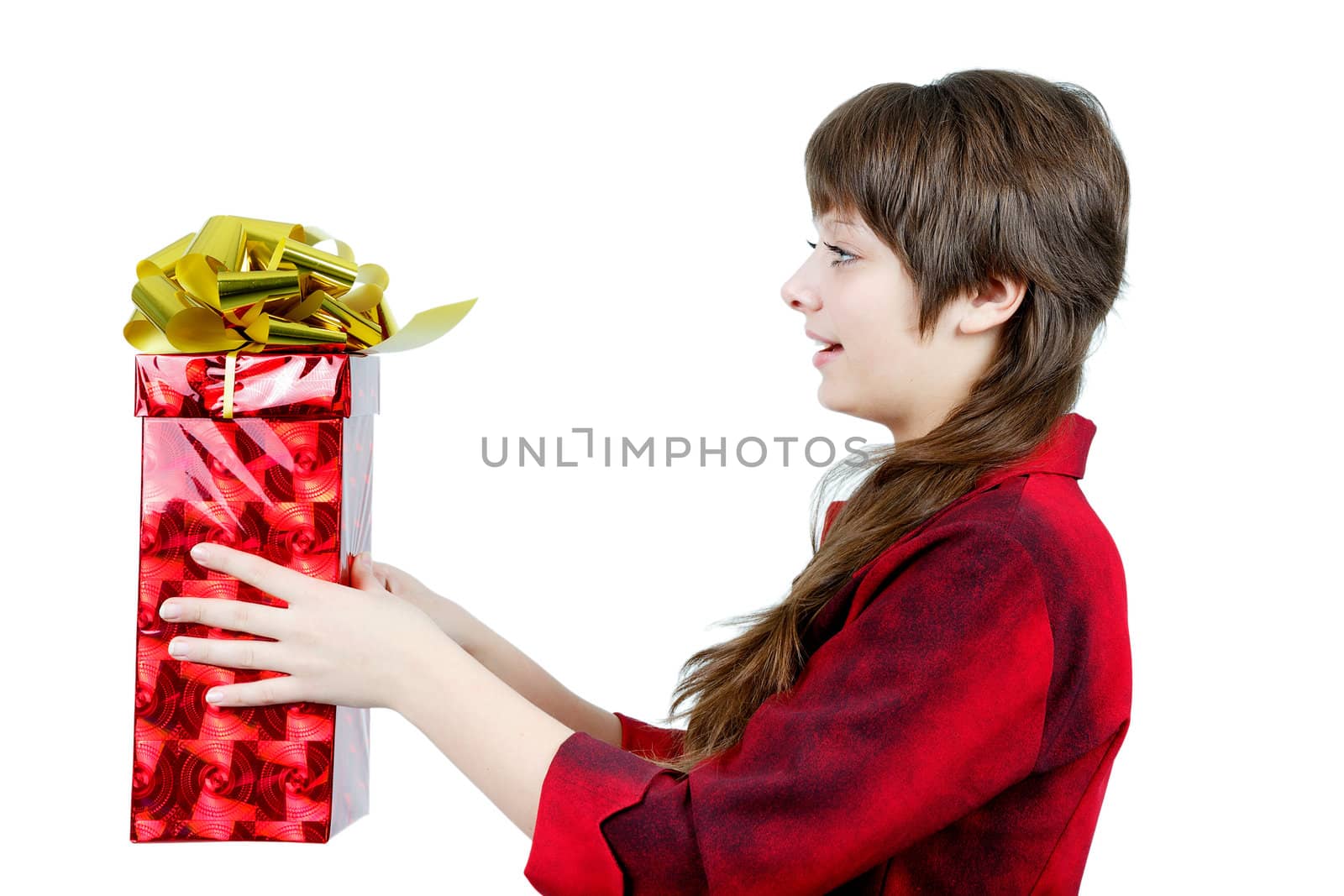 girl with red gift box on white background