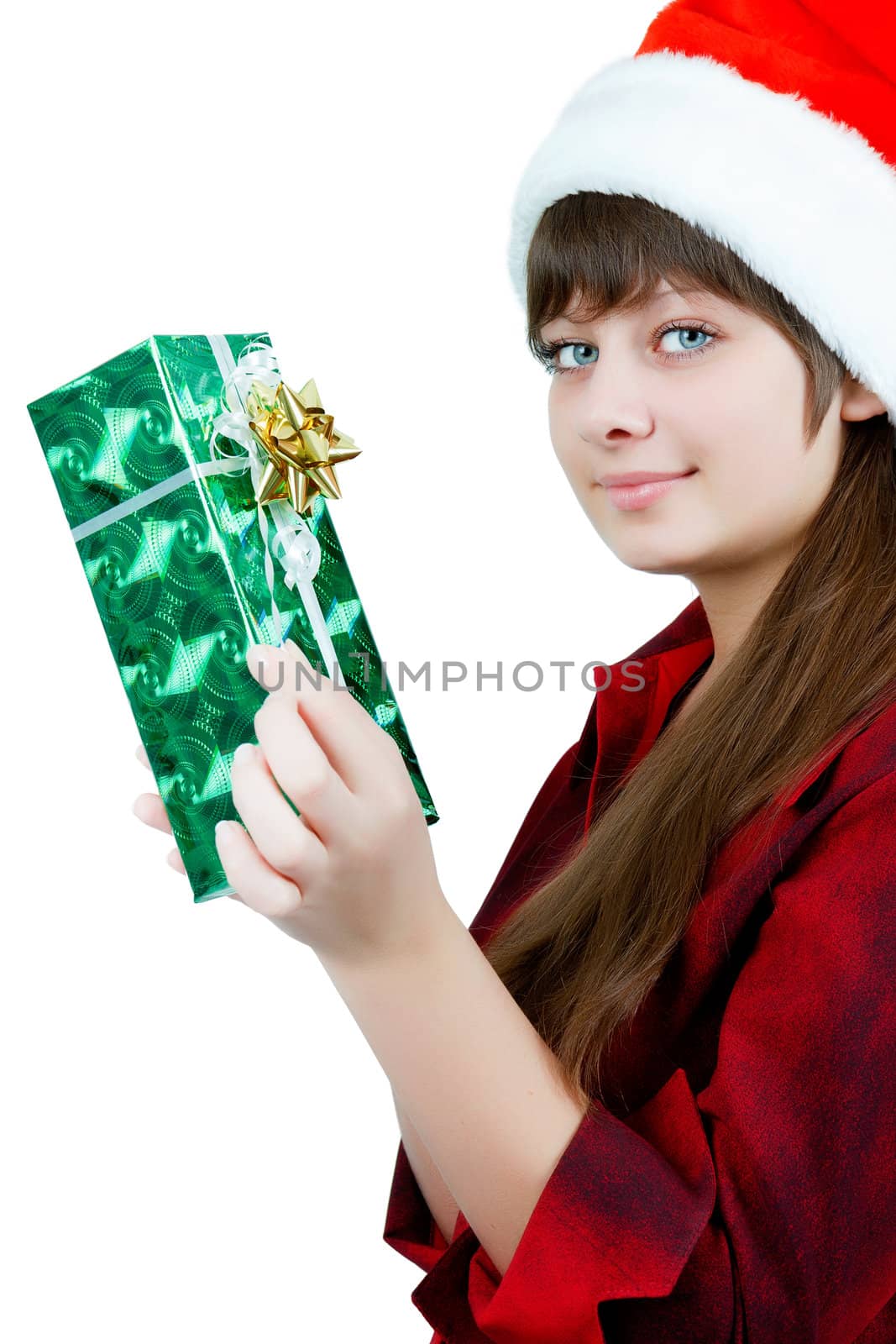girl with a Christmas gift on a white background