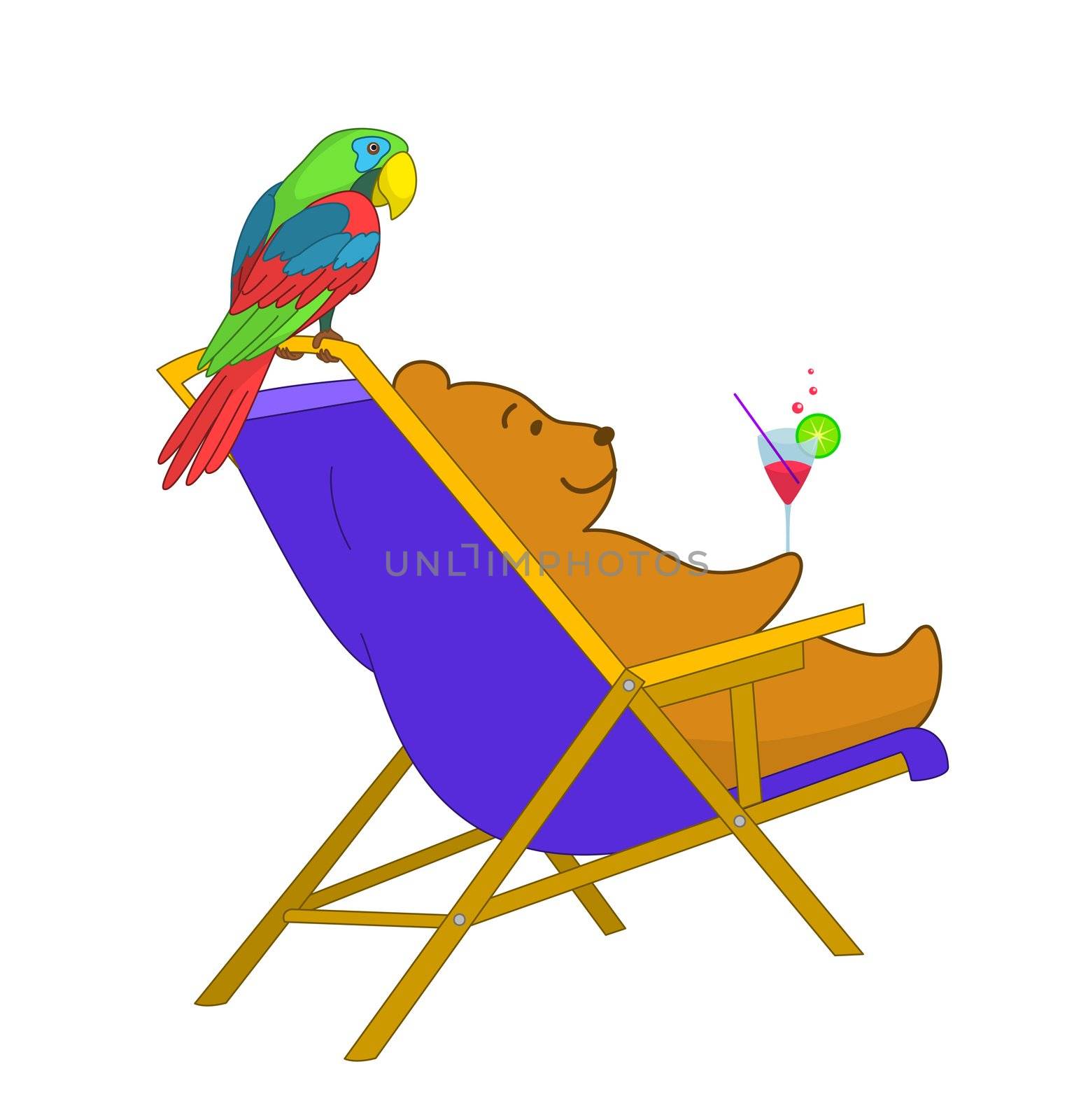 Cartoon, teddy bear sitting in a chaise lounge and drinks a cocktail, along with a parrot