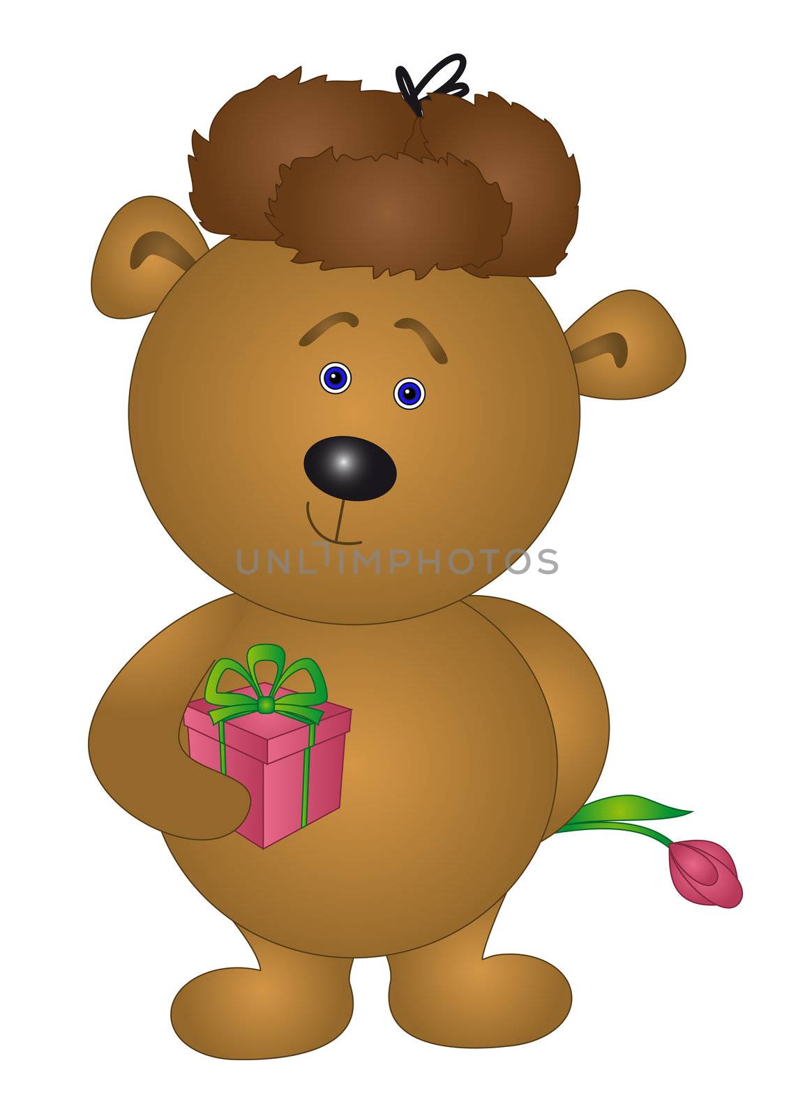 Holiday cartoon, teddy bear enamoured in winter cap with gift box and flower
