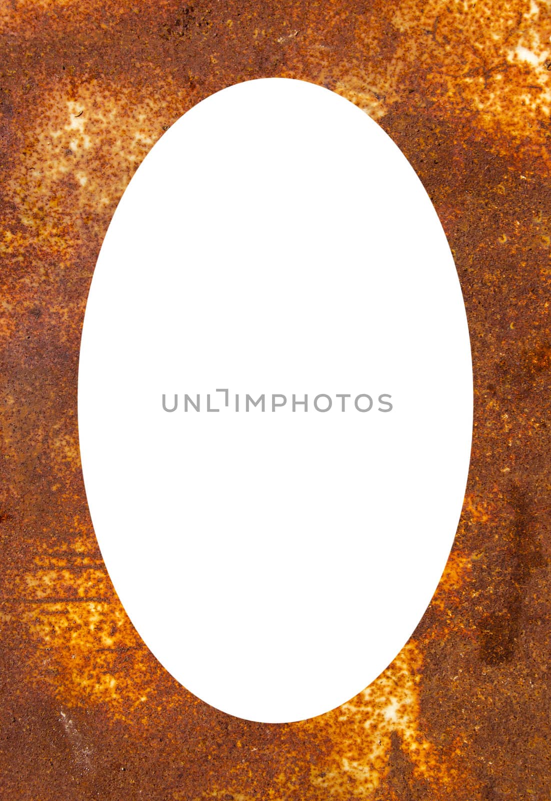 Rusty background. Tin corroded wall fragment backdrop. Isolated white oval place for text photograph image in center of frame.