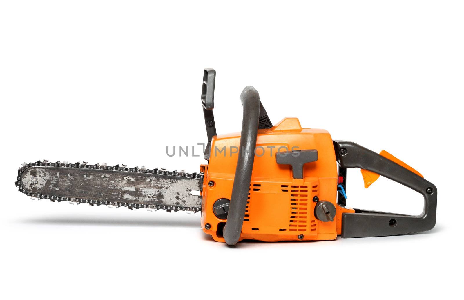 Rough orange chain saw side view isolated on white