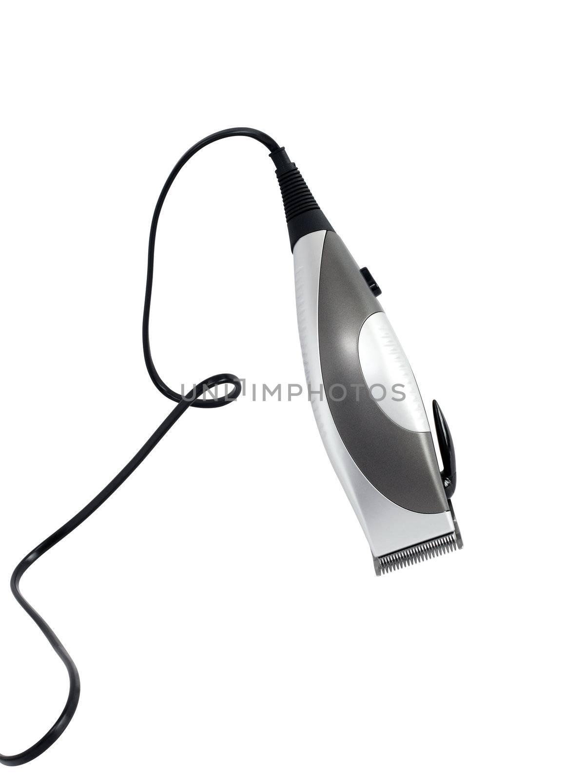 Modern electric hair clipper with cable on white background. Clipping path is included