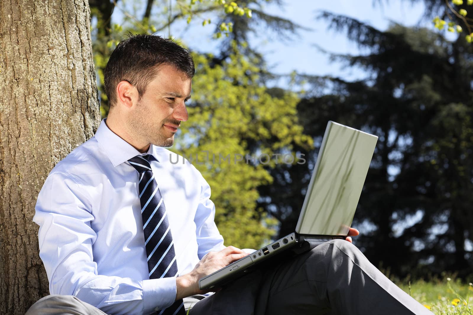 young businessman working on laptop in a park
