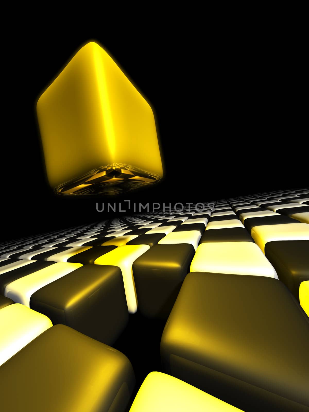 Gold cube alone above many anonymous cubes with a black background