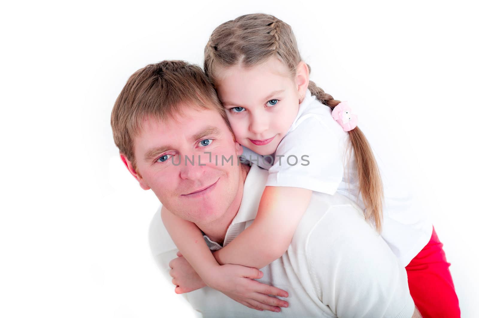 portrait of father and daughter playing together, isolated on white