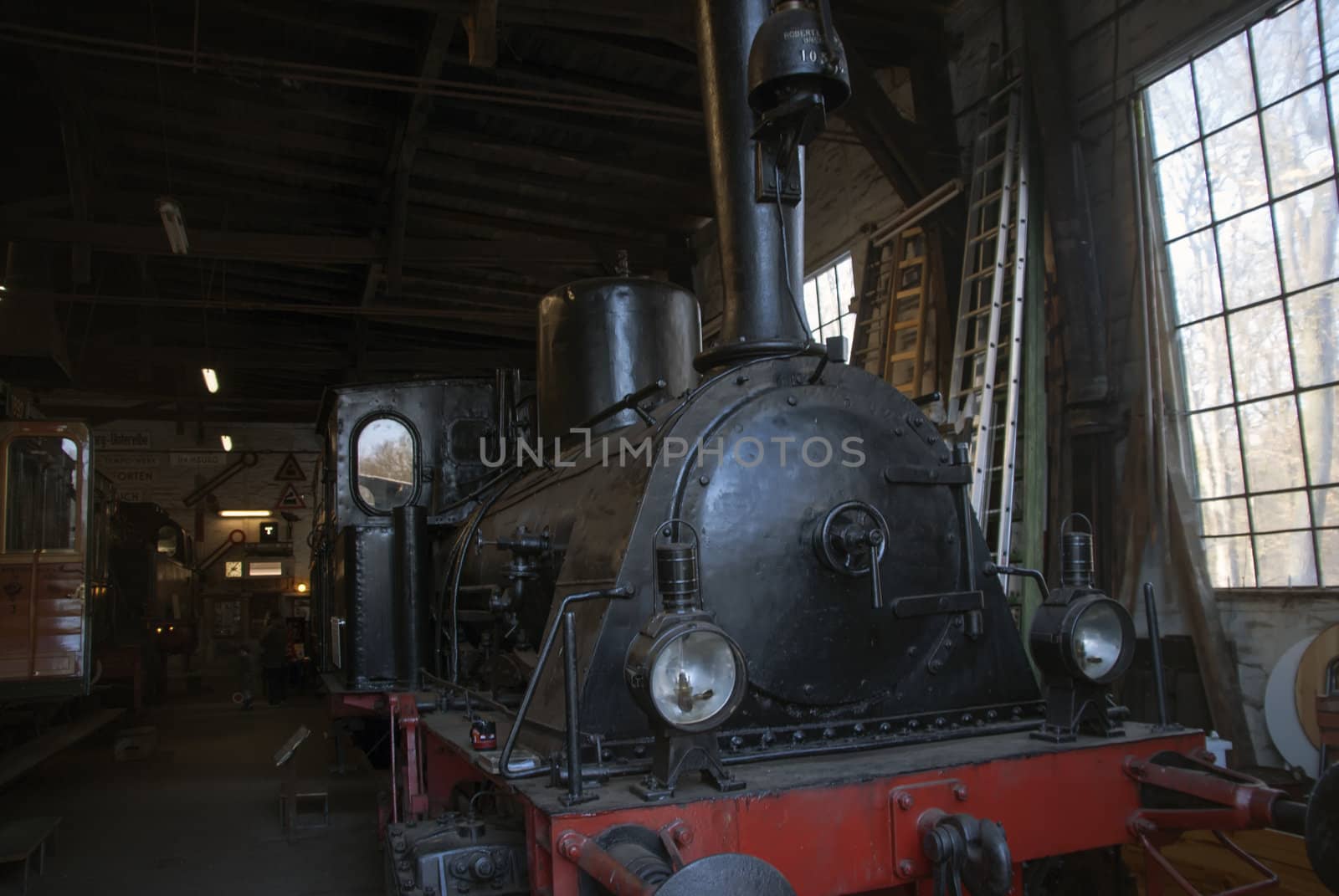 Steam locomotive in a hall