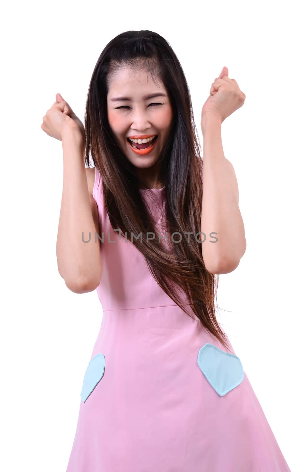 beautiful woman looking surprised against a white background