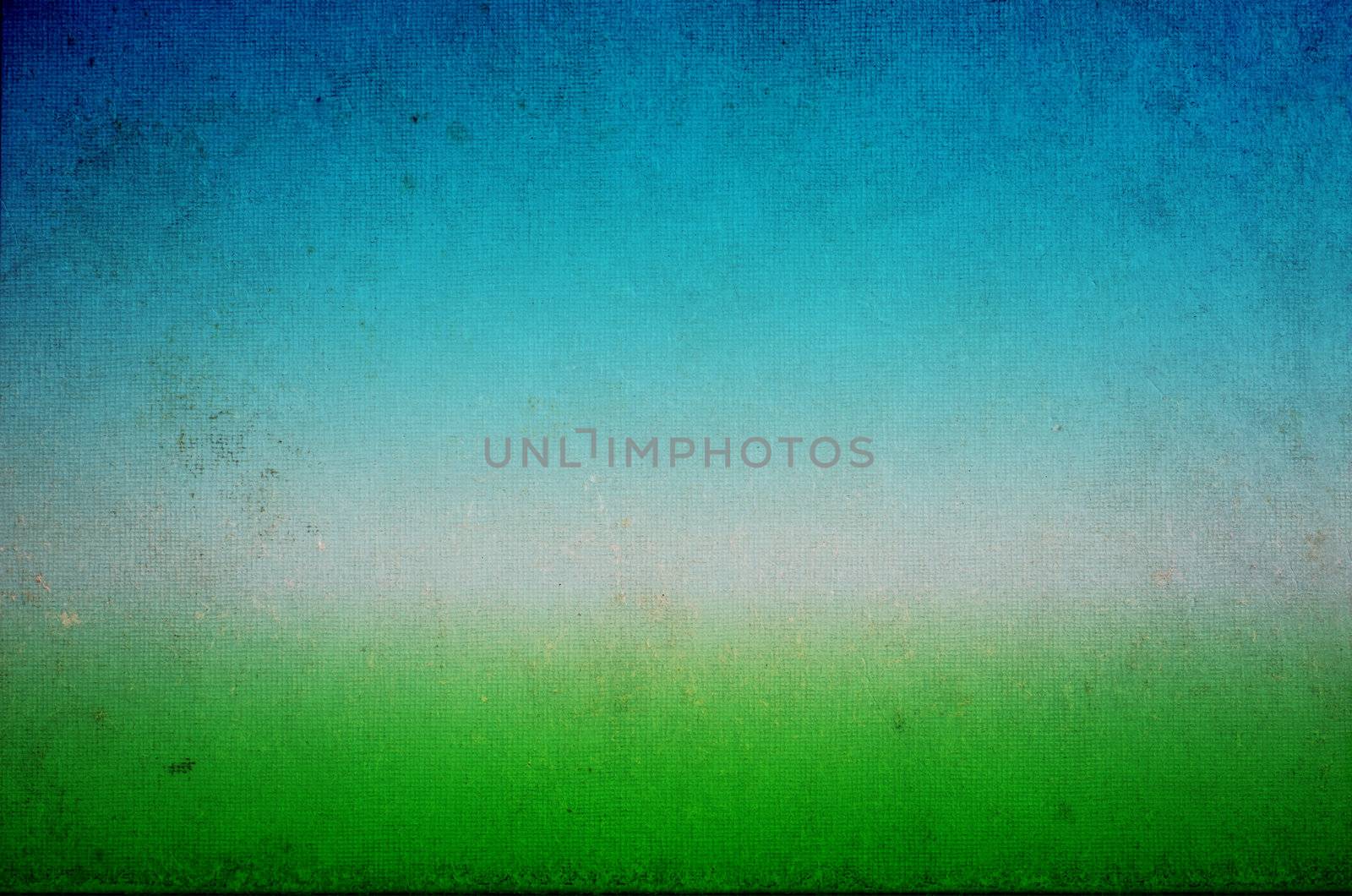 A grungy, grubby, stained and marked old  woven texture resembling a painted impressionistic grass and sky landscape.  Bright green in lower frame, rising to cyan and then blue at the top of frame.