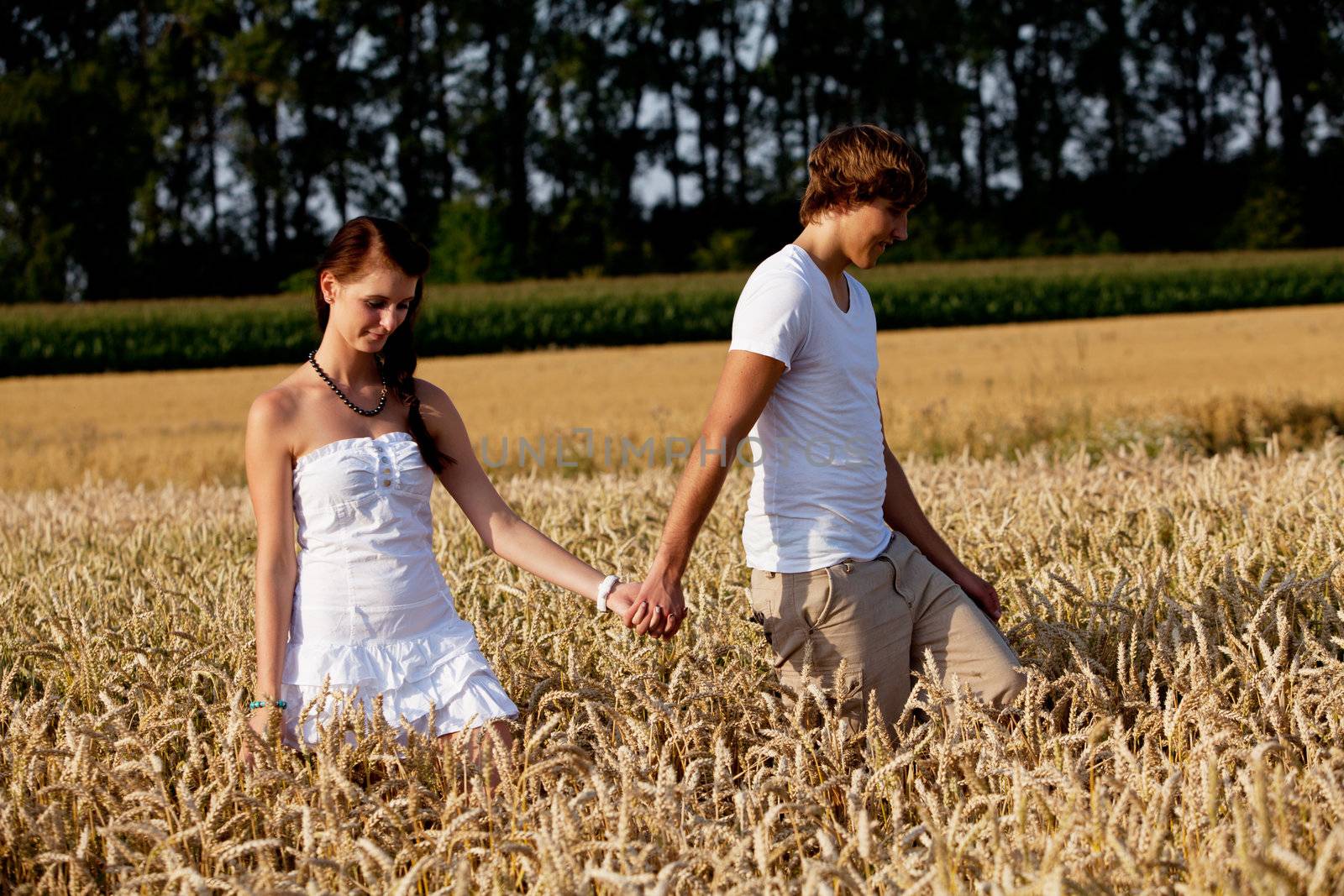 happy couple in love outdoor in summer on field by juniart