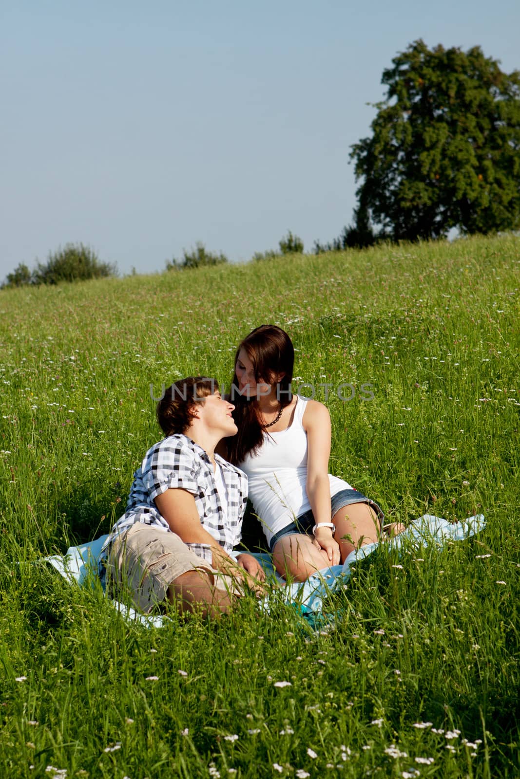 young couple outdoor in summer on blanket in love