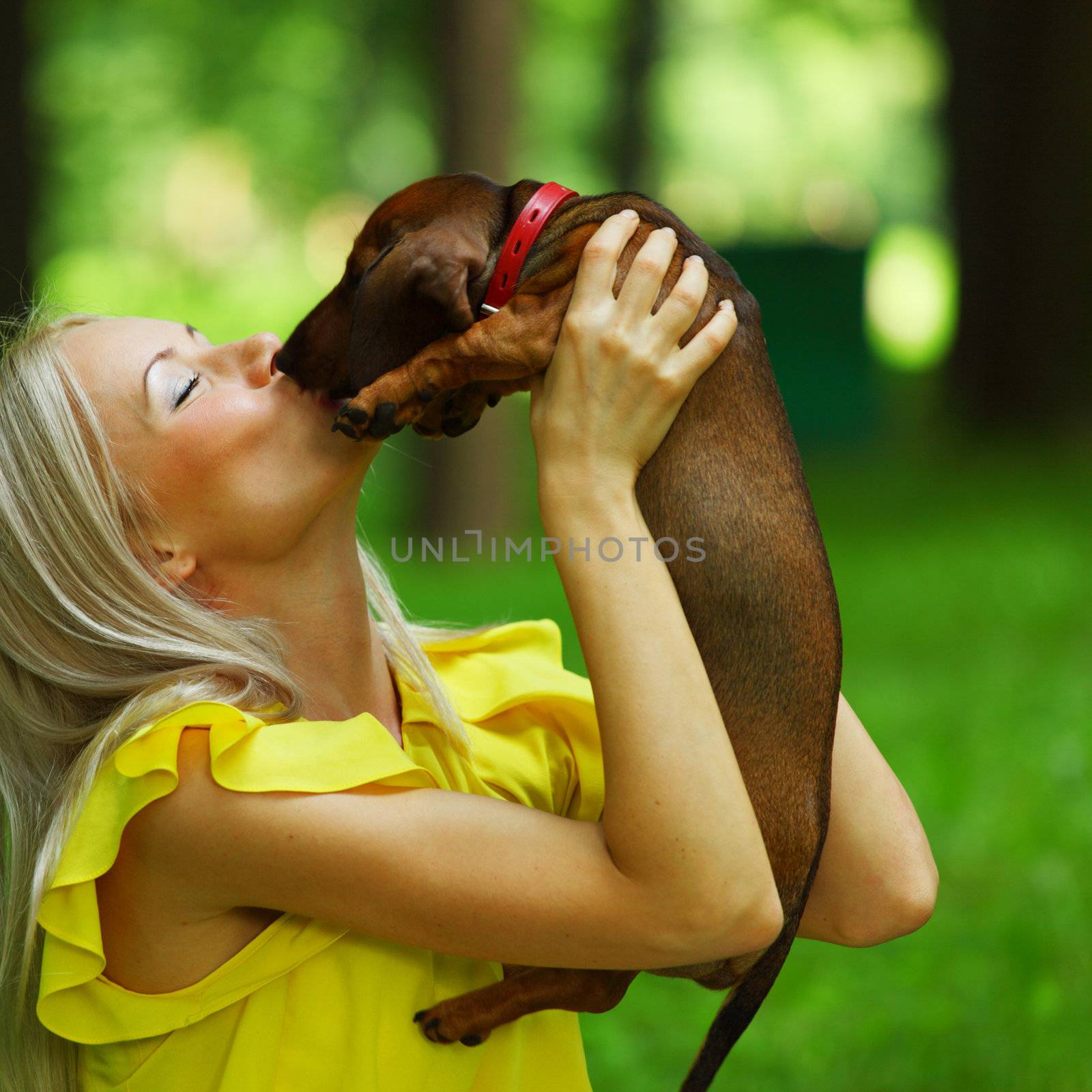 woman dachshund in her arms on grass