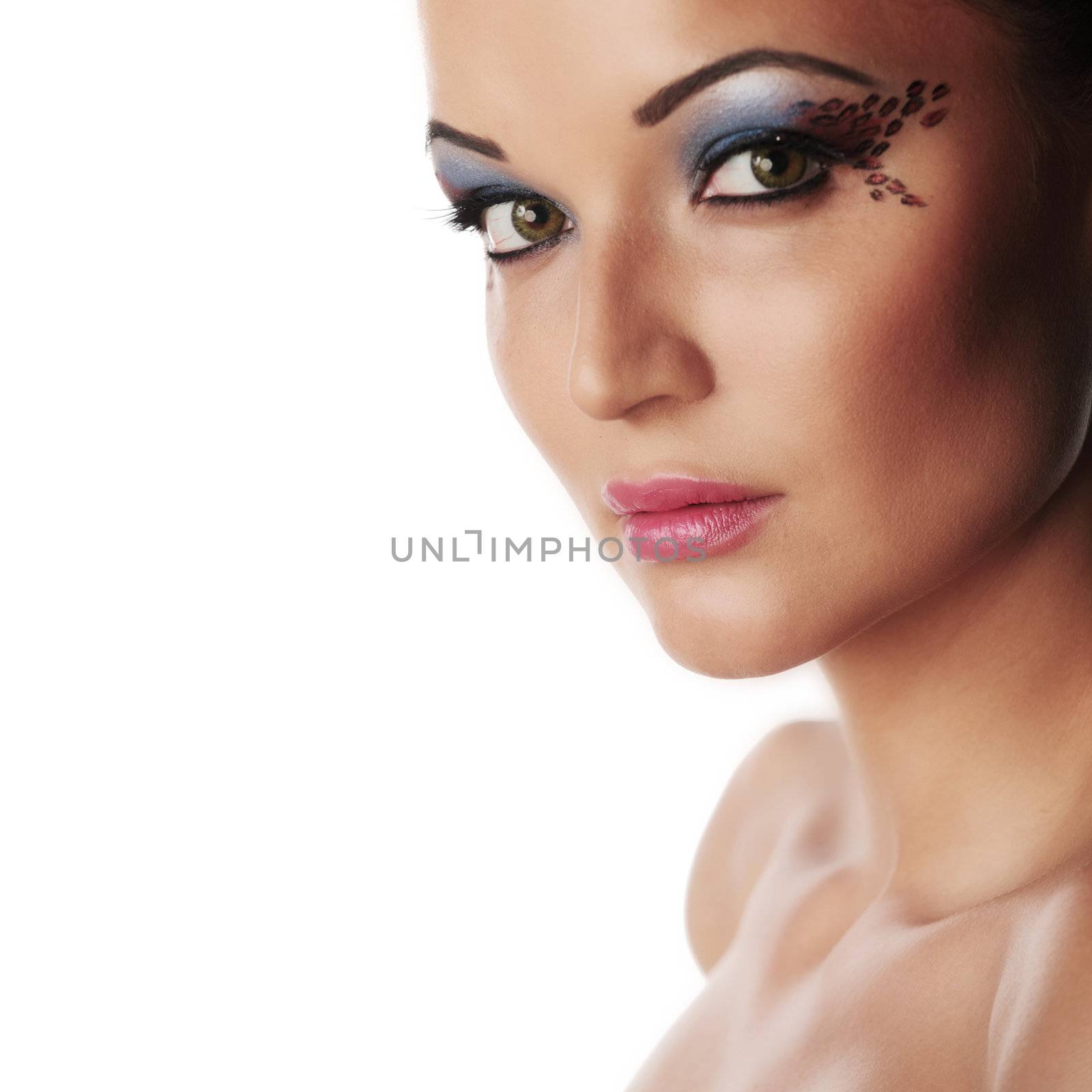 woman in studio close portrait on white