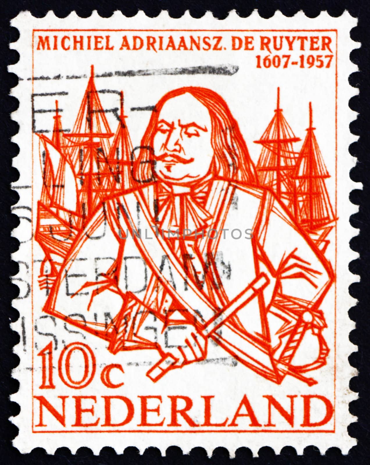 NETHERLANDS - CIRCA 1957: a stamp printed in the Netherlands shows Michiel de Ruyter, Dutch Admiral, circa 1957
