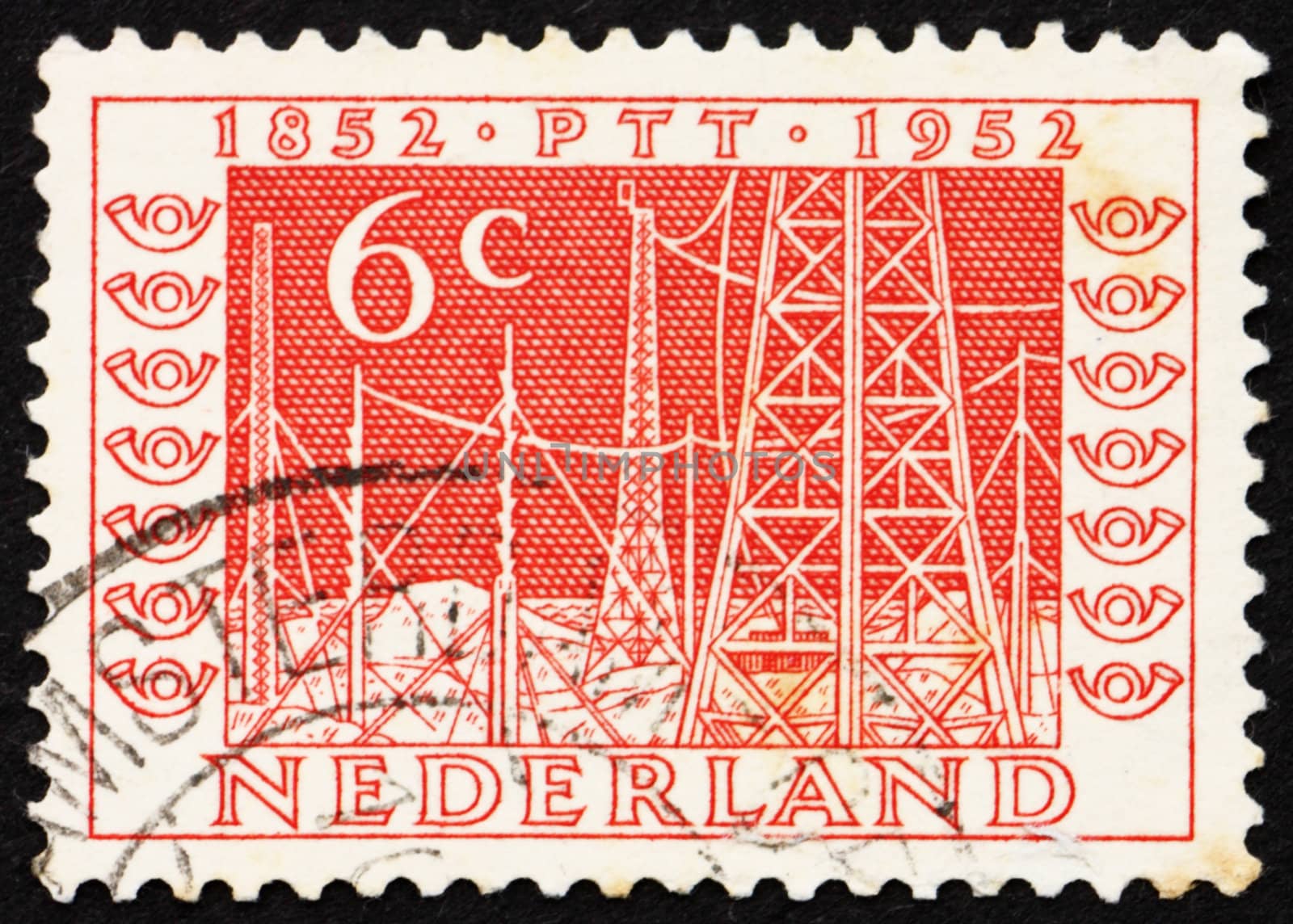 NETHERLANDS - CIRCA 1952: a stamp printed in the Netherlands shows Radio Towers, Centenary of the Telegraph Service, circa 1952