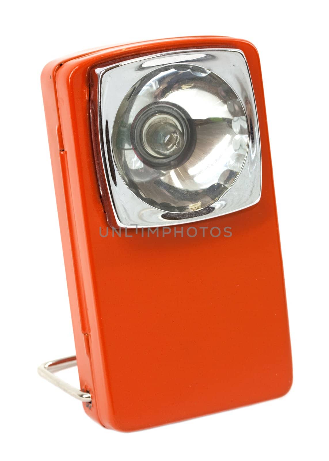 Vintage orange retro square flashlight isolated on white