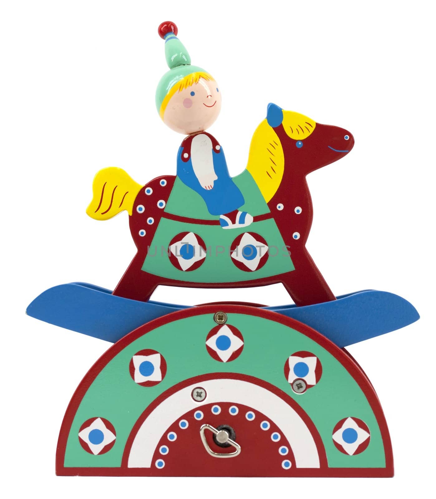 Colorful wooden music box with boy on rocking horse