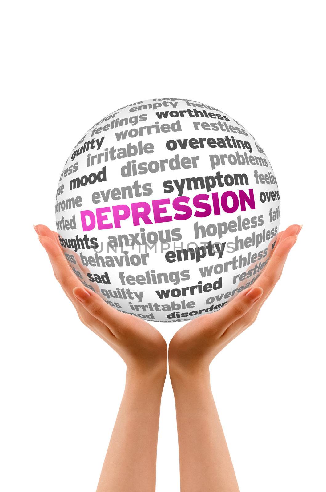 Hands holding a Depression Sphere sign on white background.