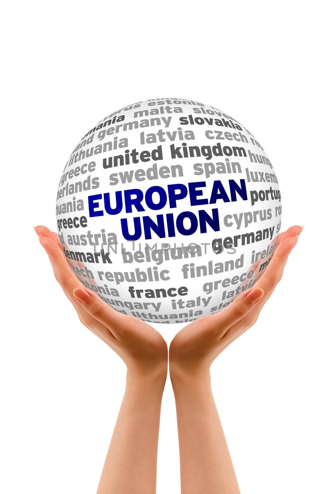 Hands holding a 3d European Union Word Sphere. 