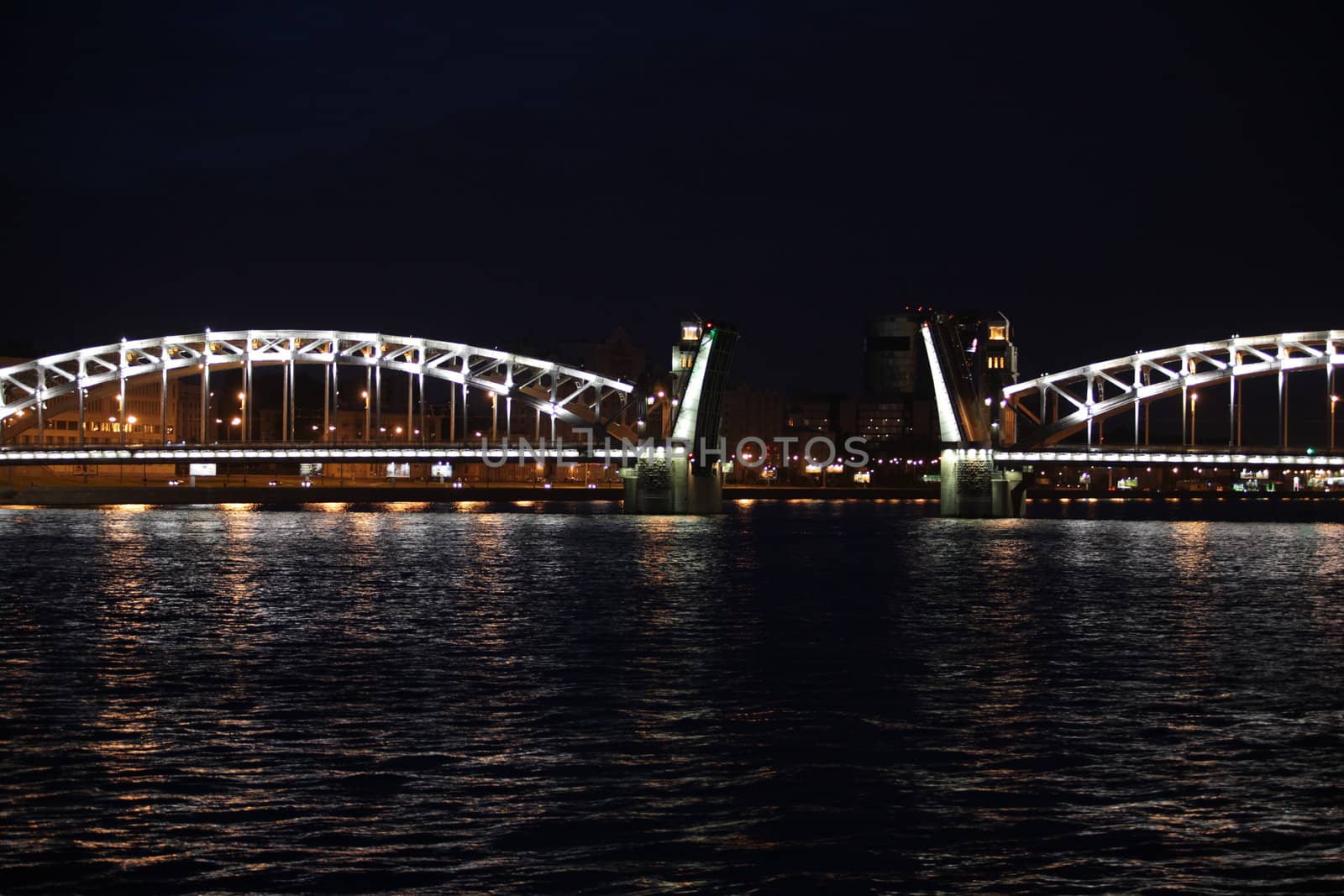 drawbridge at night, St. Petersburg   the Neva River, Peter the Great Bridge