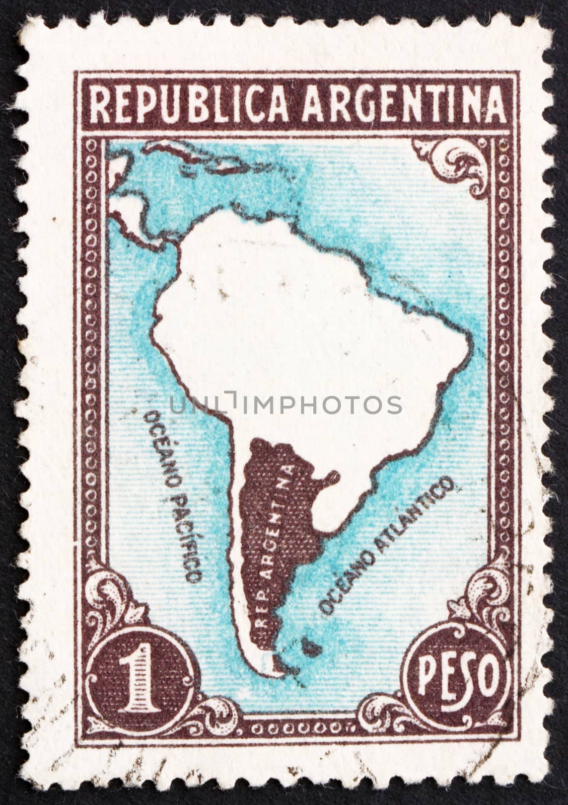 ARGENTINA - CIRCA 1936: a stamp printed in the Argentina shows Map of South America, circa 1936