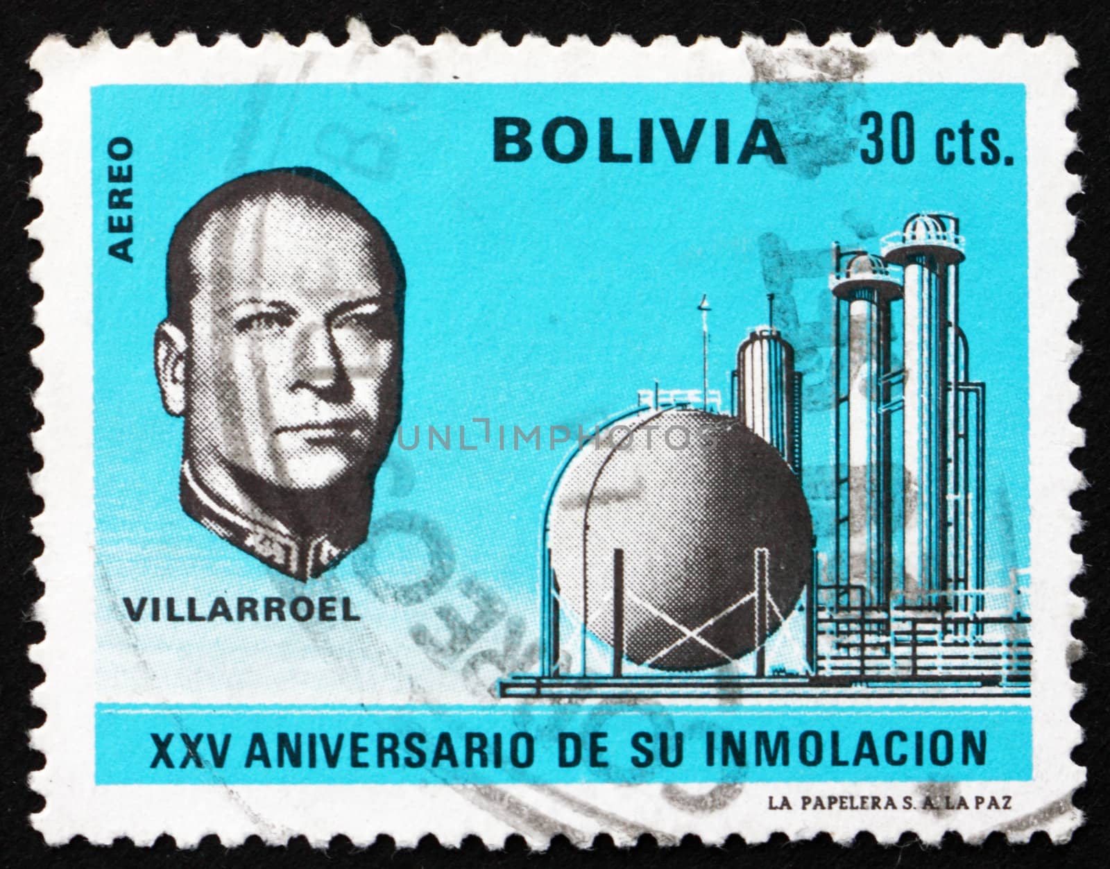 BOLIVIA - CIRCA 1971: a stamp printed in the Bolivia shows Gualberto Villarroel Lopez, President of Bolivia 1943 - 1945, circa 1971