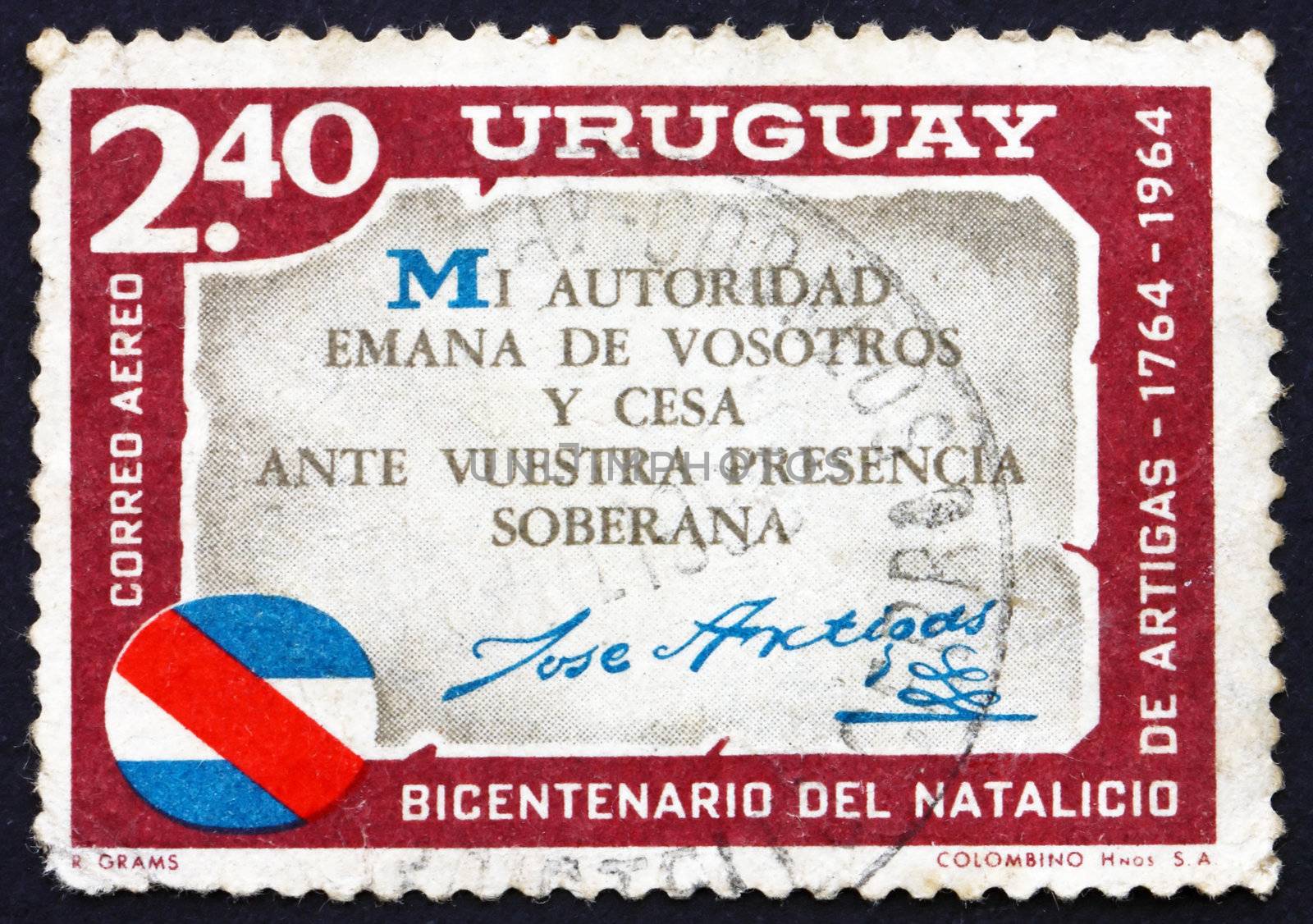 URUGUAY - CIRCA 1965: a stamp printed in the Uruguay shows Artigas Quotation, Jose Artigas, Leader of the Independence Revolt Against Spain, circa 1965