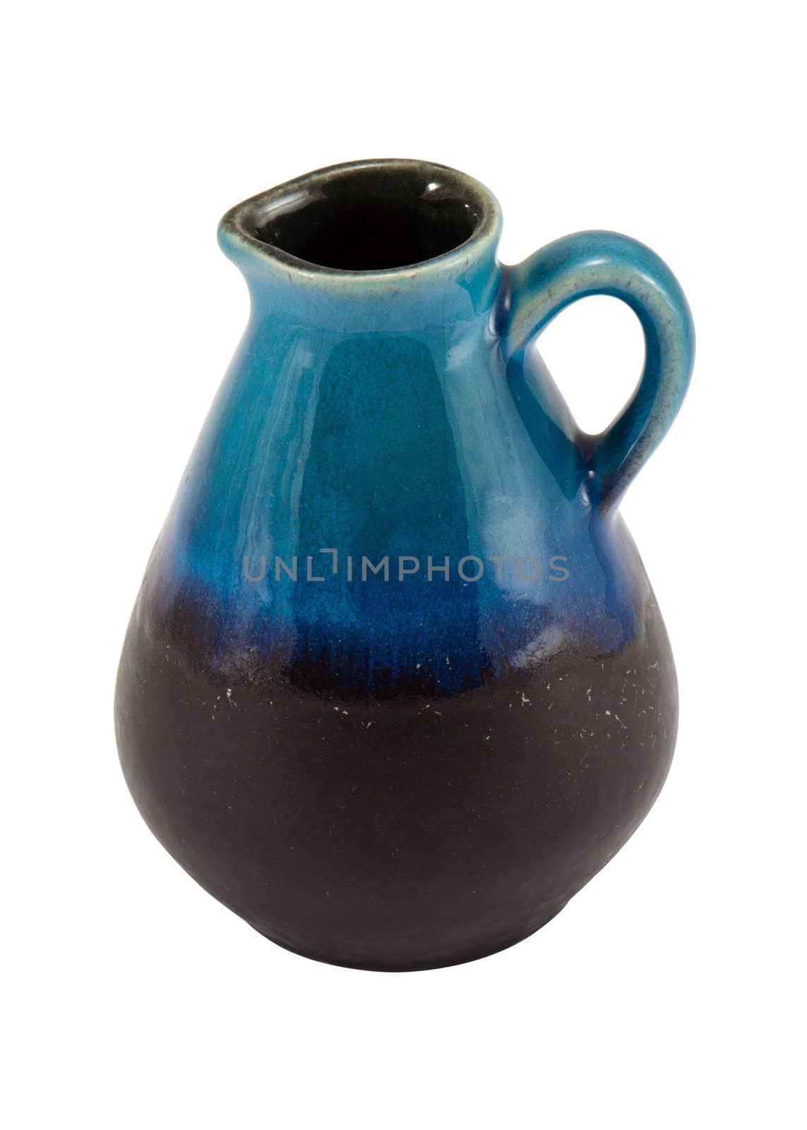 Clay pitcher black blue color object with small handle isolated on white background. Home decoration.