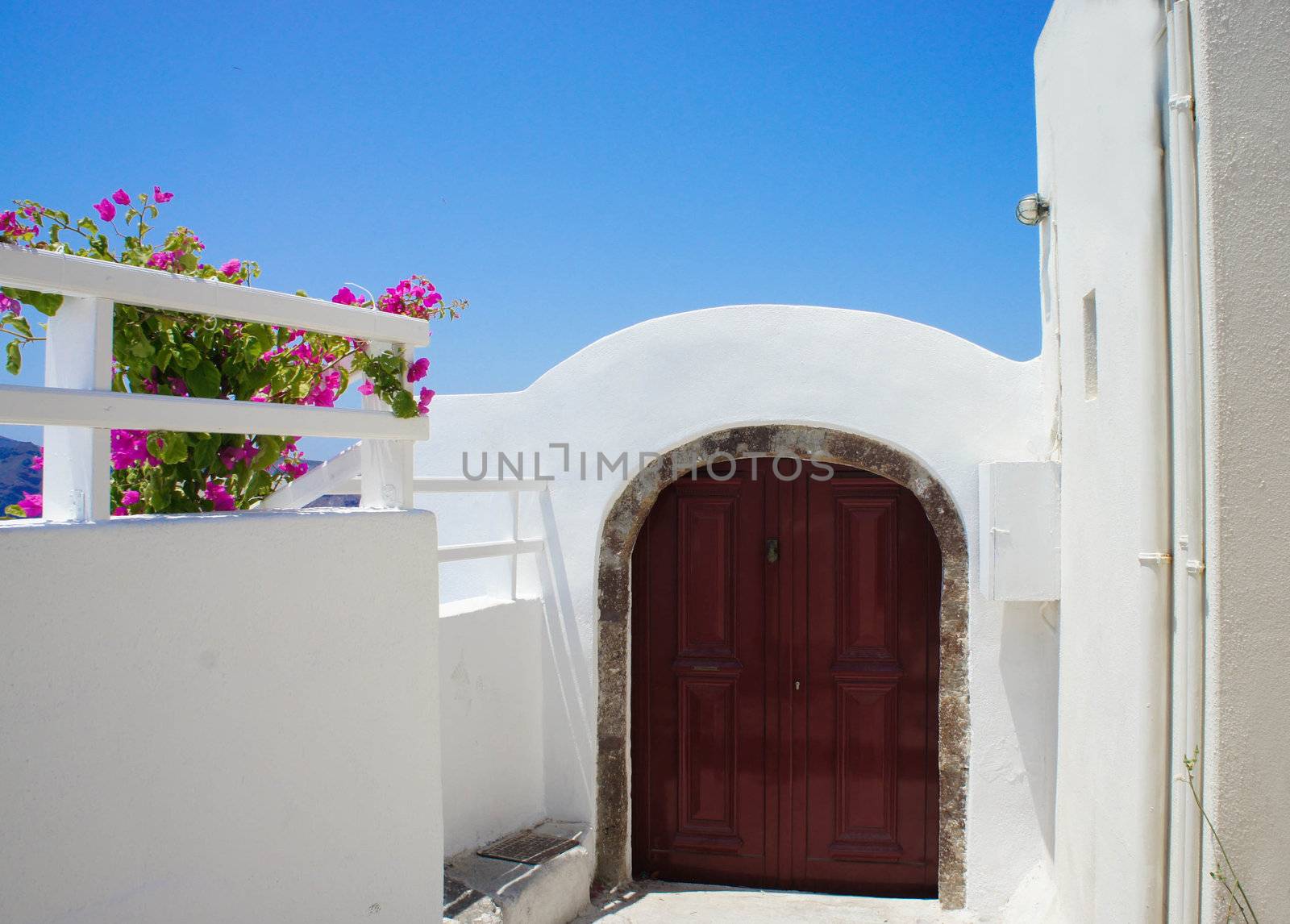 Santorini terrace with pink beautiful flowers and small doors