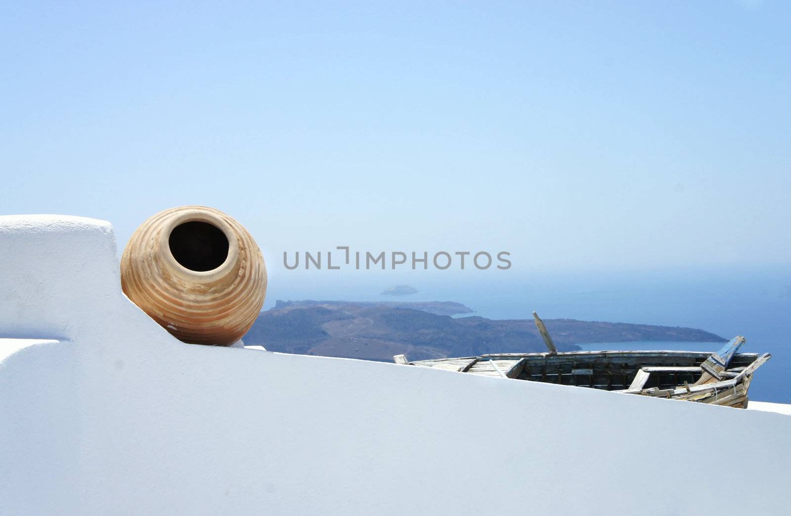 Views of Santorini, composition with old pot          