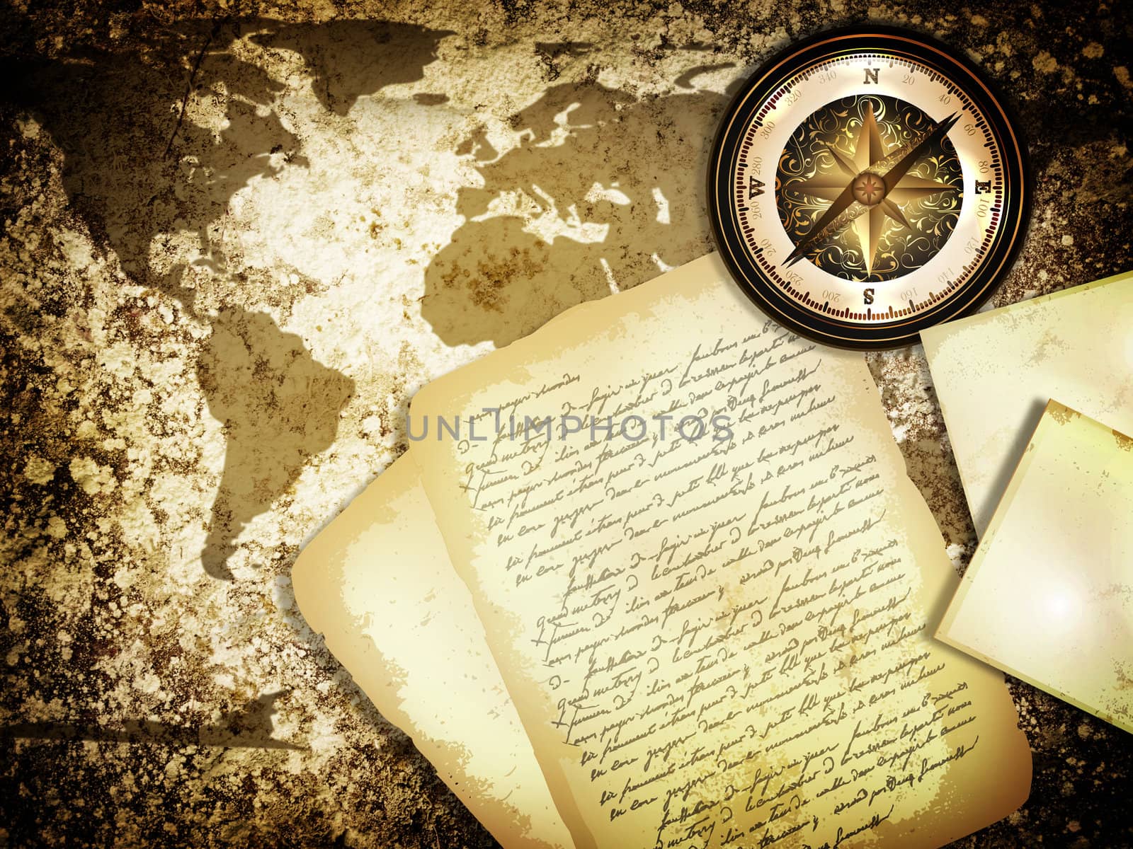abstract vintage grunge travel background with world map, compass and old letter