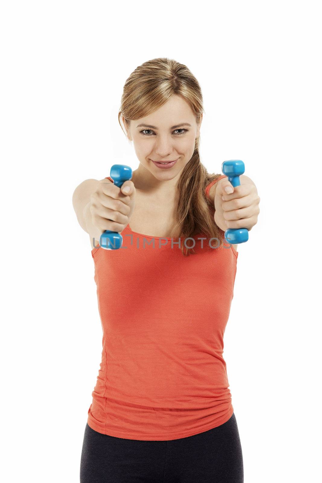young sporty fitness woman train with dumbbells on white background