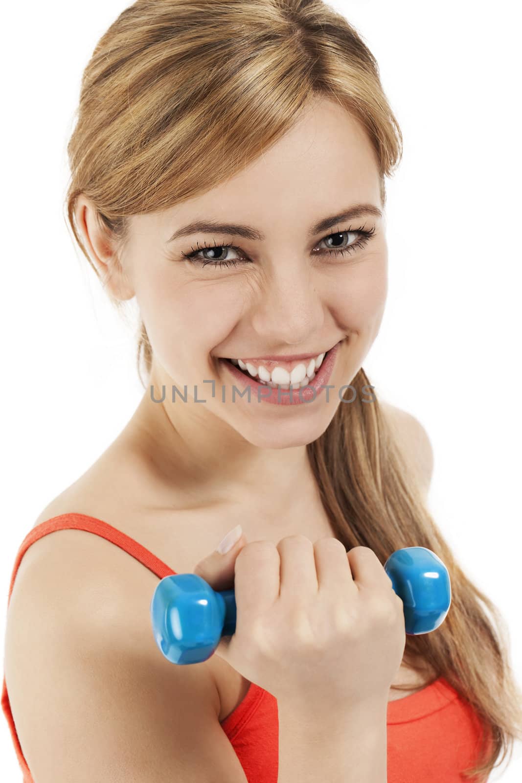 happy young woman with a dumbbell by RobStark