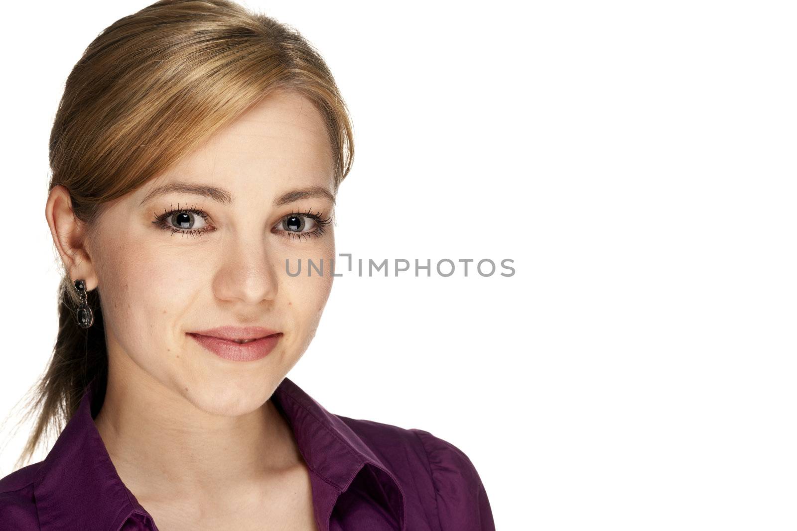 portrait of a young beautiful blonde business woman on white background
