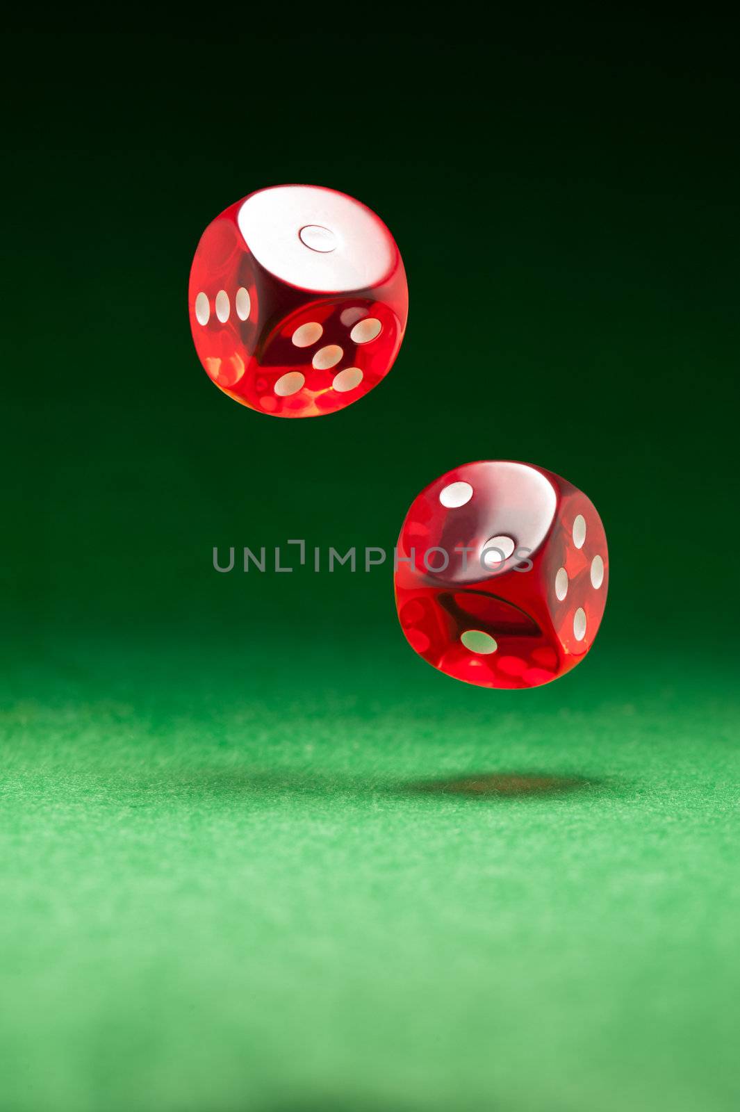 Rolling red dice over green surface