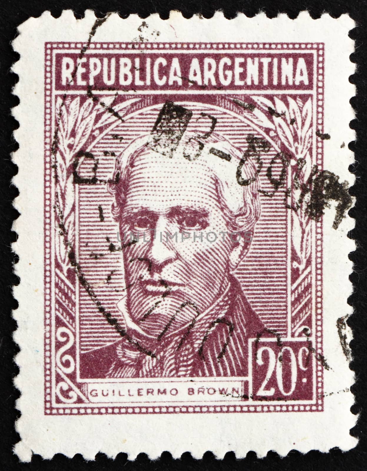 ARGENTINA - CIRCA 1956: a stamp printed in the Argentina shows Guillermo Brown, First Admiral of Argentina, circa 1956